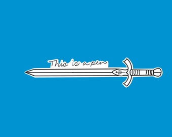 May include: A white outline drawing of a sword with the text "This is a pen" above it on a blue background.