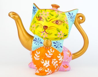 CHA CULT HAMBURG théière colorée en porcelaine en forme de chat peinte à la main Fina China os chat coloré théière Allemagne