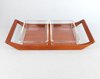 TEAKHOLZ KABARETT Dänemark Teakholz Tablett Anbietschale Glas Mid-Century Vintage 60er Jahre Made in Denmark Teak Schale Holz