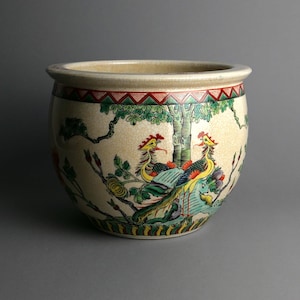 Antica fioriera cinese della prima Repubblica Qing con coppia di fenici, Ø 20 cm, marchio di fabbrica – Jardinière 1890–1930, ceramica dipinta a mano, artigianato