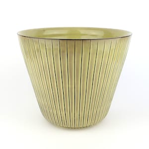 Peut inclure: Un pot de fleurs en céramique de forme conique avec un vernis vert chartreuse clair et une série de lignes verticales en creux brun foncé s'étendant du bord à la base. L'intérieur du récipient est lisse et fini dans la même teinte verte.