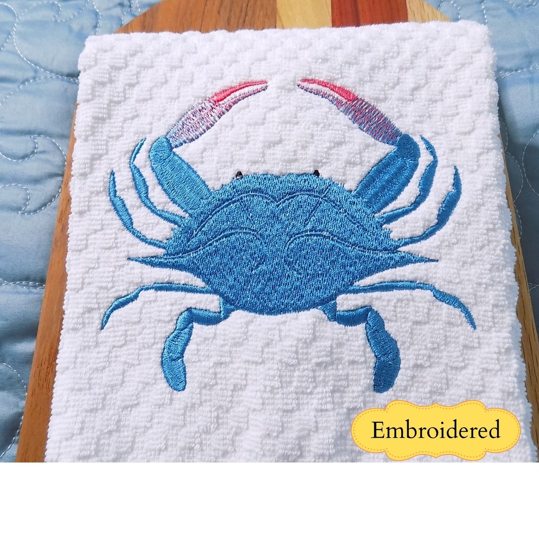 Embroidered Kitchen Towel, Blue Crab Kitchen Towel, Beach Kitchen Towel
