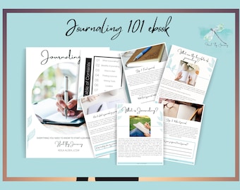 Peut inclure: Une couverture d'ebook numérique avec un fond bleu et un graphique de libellule. La couverture présente le titre "Journaling 101 ebook" et le texte "Heal Thy Journey" avec le nom de l'auteur "Keila Aldea, LCSW". La couverture comprend également des images d'une personne écrivant dans un journal.