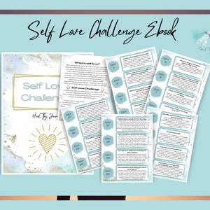 May include: A blue and white self-love challenge ebook with a gold heart and the text "Self Love Challenge Ebook" and "Head Thy Journey".
