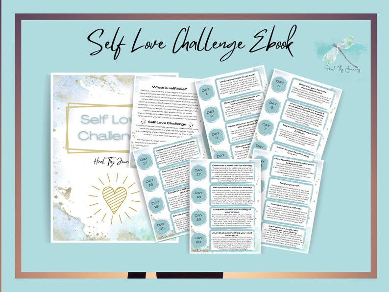 May include: A blue and white self-love challenge ebook with a gold heart and the text "Self Love Challenge Ebook" and "Head Thy Journey".