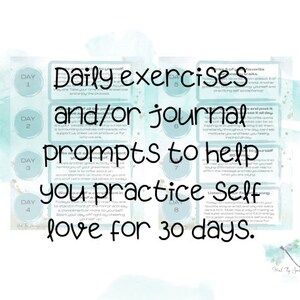 May include: A set of 8 colorful cards with the text "Daily exercises and/or journal prompts to help you practice self love for 30 days." Each card has a number from 1 to 8 and the text "Day" on it.