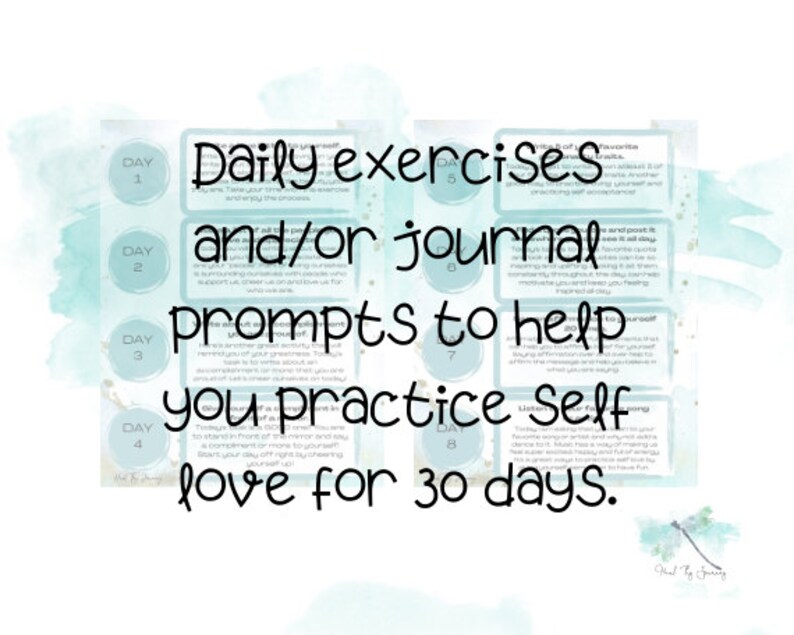May include: A set of 8 colorful cards with the text "Daily exercises and/or journal prompts to help you practice self love for 30 days." Each card has a number from 1 to 8 and the text "Day" on it.