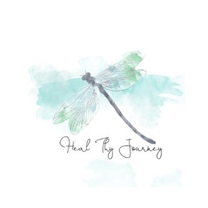 May include: Watercolor painting of a dragonfly with a teal blue background and the text "Heal Thy Journey" in cursive.