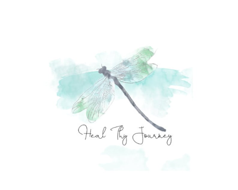 May include: Watercolor painting of a dragonfly with a teal blue background and the text "Heal Thy Journey" in cursive.