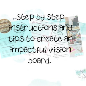 May include: A blue and white watercolor background with the text "Step by Step instructions and tips to create an impactful vision board."  The image also includes a corkboard with the words "Live Your Dream" and a magazine with the text "What is a Vision Board?"