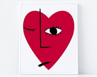 May include: A red heart with a black line down the middle, forming a face with a closed eye, an open eye, and a frown. The heart is framed in white.