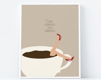 Coffee Wall Art, Retro Print, Coffee Prints, More Espresso Less Depresso, Coffee Lover, Trendy Decor, Retro Wall Art, Mid Century Poster