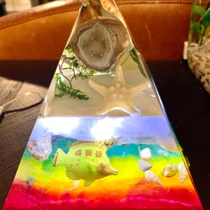 Rainbow Pyramid Lamp, Weirdcore Resin Light, Epoxy Ocean scene lamp, Beach Scene Lamp, fairy lamp gift, gay pride gift, lgbtq wedding gift