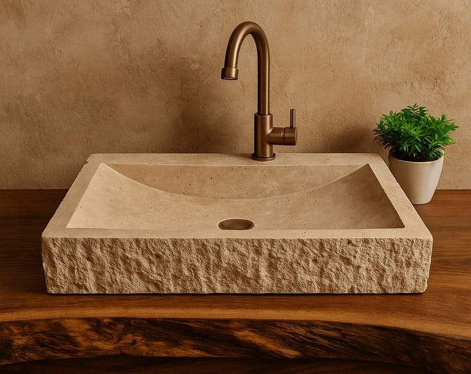 Hand Carved Travertine Vessel Sink: Arch Rectangle Bathroom Sink