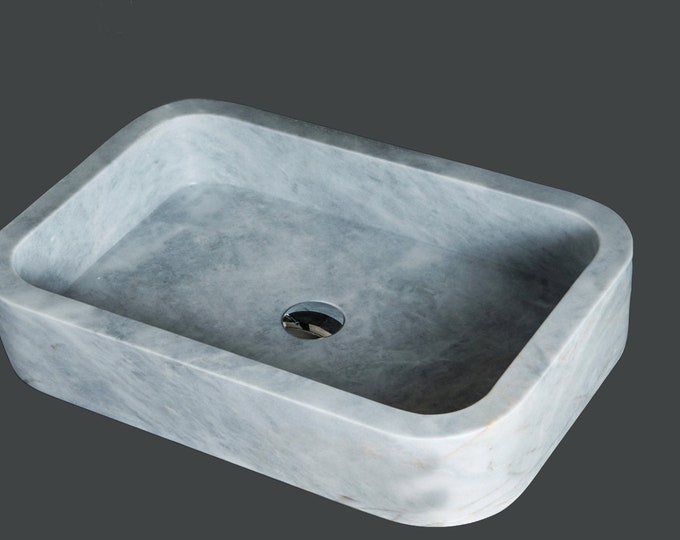 Hand Carved Gray Marble Farmhouse Sink: Oval Rectangle, Polished