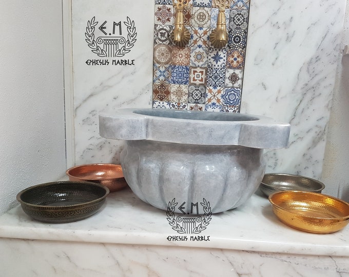 Turkish Bath Sink, Turkish Hammam Sink, Spa Sink, Spa Decor, Hamam Decor, Afyon Gray Marble Melon Sliced