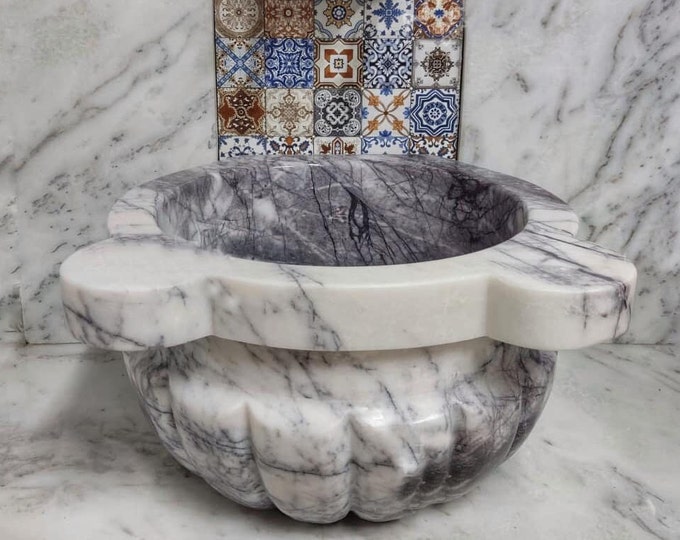 Turkish Bath Sink, Turkish Hammam Sink, Spa Sink, Spa Decor, Hamam Decor, Melon Sliced Lilac Marble