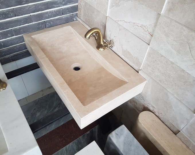 Ready to Ship Travertine Sink •  Bathroom Decor Bathroom Sink • Custom Marble Sink • Farmhouse Marble Sink • Sharp Edged Rectangle Shaped •