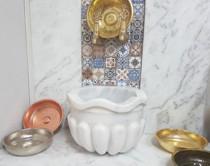 Turkish Bathroom Sink, Turkish Hammam Sink, Spa Sink, Flowering Melon Sliced White Pure Texture-2,Naturel Stone Sink