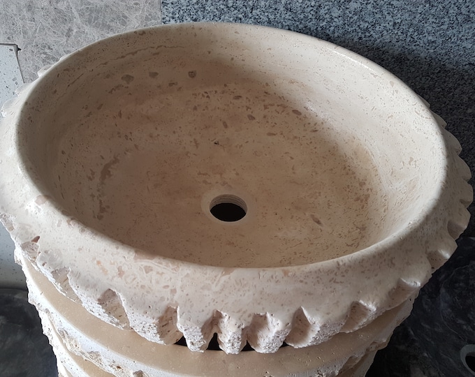 Sink- Marble Sink- Handmade Bathroom Sink - Vertically Split Bowl Washbasin - Travertine Outside Blasting Bowl Marble Sink - Vanity Top sink