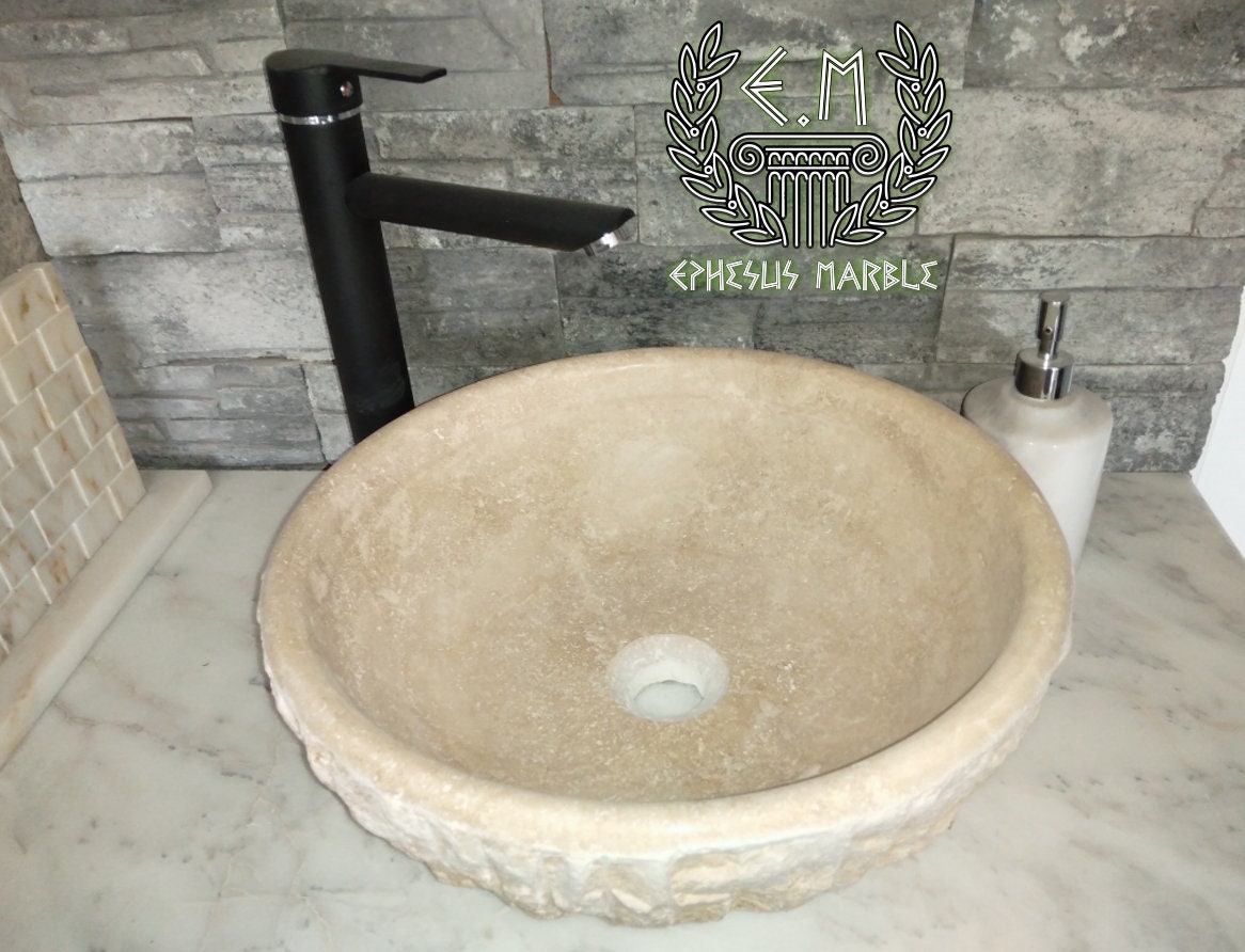 Travertine Outside Blasting Bowl Marble Sink, Handmade Bathroom Sink