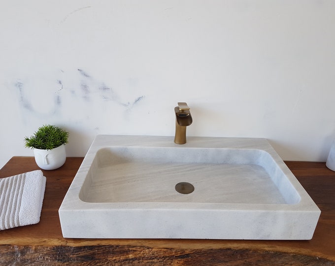 Hand Carved White Marble Sink: Rectangle Farmhouse Bathroom Decor
