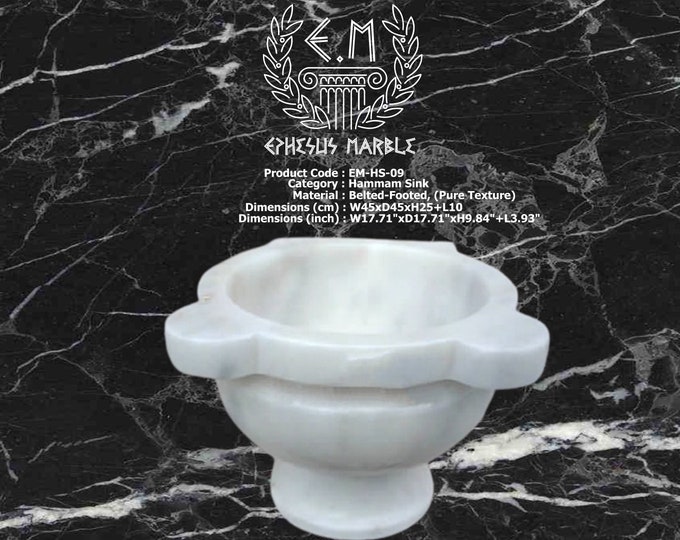 Turkish Bath Sink, Turkish Hammam Sink, Spa Sink, Turkish Hamam Sink, Belted-Footed Classic White Marble Texture