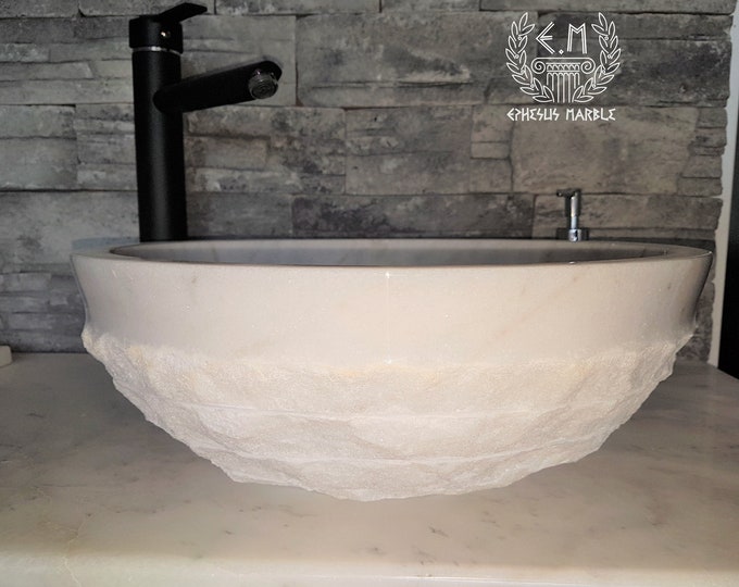 Mugla White Outside Blasting Marble Sink, Handmade Bathroom Sink
