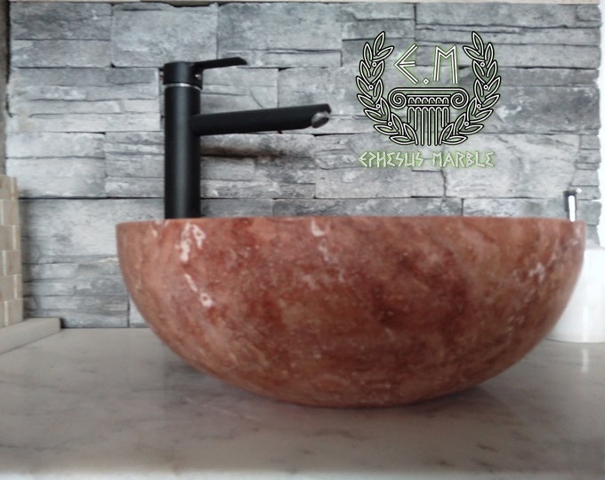 Red Bowl Travertine Marble Sink, Handmade Bathroom Sink