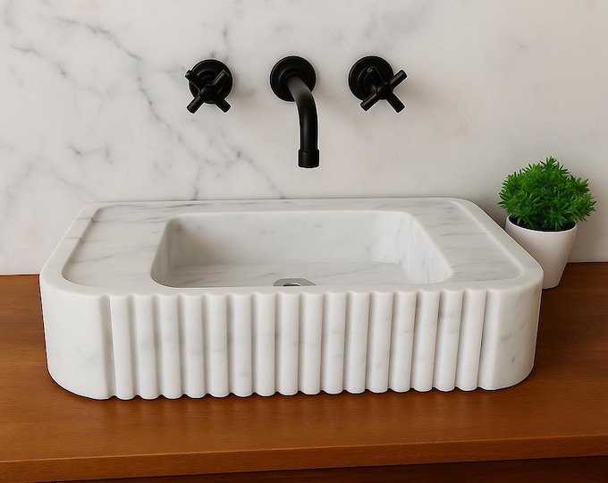 Calacatta White Marble Fluted Sink – Handcrafted Rectangular Vessel Basin – Wall-Mount Countertop Stone Vanity