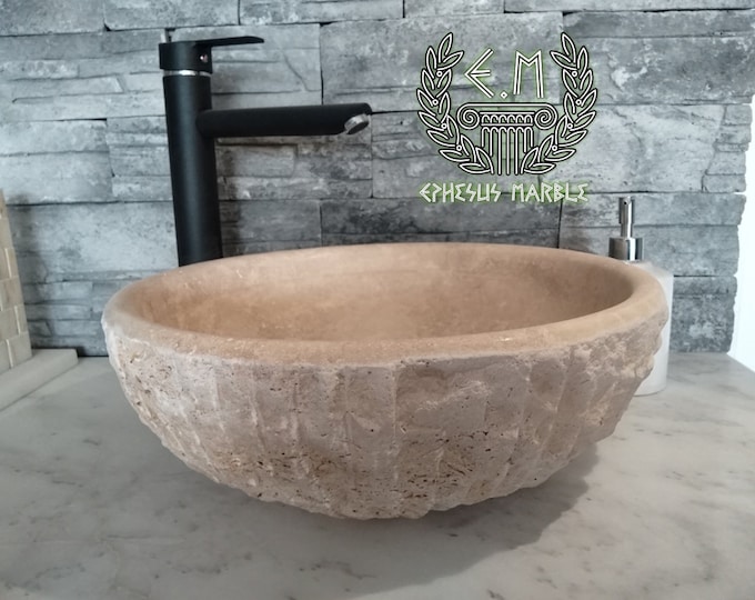 Travertine Outside Blasting Bowl Marble Sink, Handmade Bathroom Sink