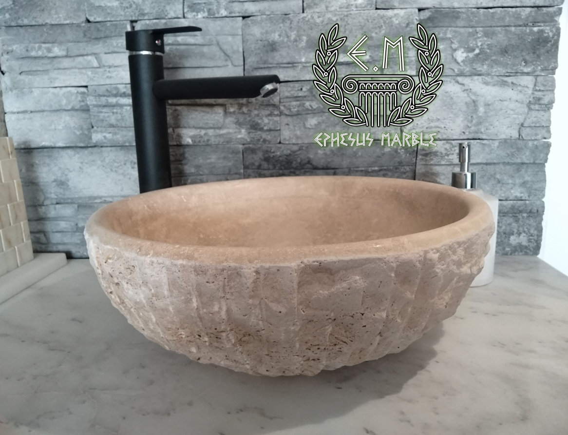 Travertine Outside Blasting Bowl Marble Sink, Handmade Bathroom Sink
