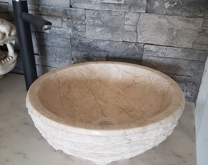 Beige Bowl Outside Blasting Marble Sink - Handmade Bathroom Sink