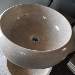 Handmade Beige Marble Vessel Sink - Polished Stone Washbasin