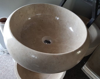 Handmade Beige Marble Vessel Sink - Polished Stone Washbasin