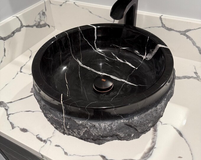 Vessel Sink -Taurus Black Marble Sink - Handmade Bathroom Sink -Cylinder Outside Blasting Marble Sink -Bathroom Sink- Washbasin -Sink vanity