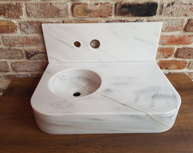 Hand Carved White Marble Sink: Circle Basin with Backsplash