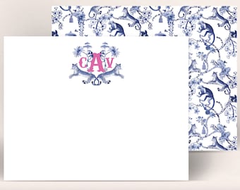 Chinoiserie Monogram Stationery Set | Flat Notecards, Jungle Monkey Print, Pink Navy, Double Sided Custom Personalized Initials Preppy Gift