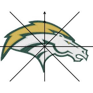 May include: A green and gold horse head logo with a lightning bolt design. The logo is centered on a white background with black lines radiating out from the center.