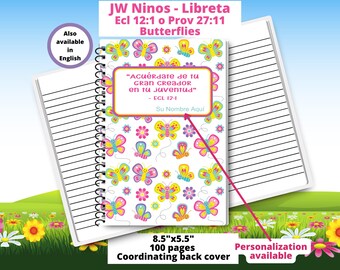 May include: A white spiral bound notebook with a colorful butterfly design and the text "Acuérdate de tu gran Creador en tu juventud" - ECL 12:1. The notebook is 8.5 inches by 5.5 inches and has 100 pages. It has a coordinating back cover and personalization is available.