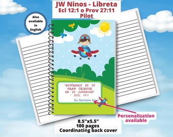 May include: A green and blue spiral bound notebook with a cartoon airplane and the text "JW Ninos - Libreta Ecl 12:1 o Prov 27:11 Pilot" and "ACUERDATE DE TU GRAN CREADOR EN TU JUVENTUD - ECCL 12:1 Su Nombre Aqui". The notebook is 8.5 inches by 5.5 inches and has 100 pages.