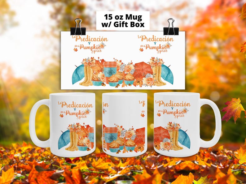 May include: White ceramic mug with a fall-themed design featuring a pumpkin spice latte, autumn leaves, and the text "La Predicaci&oacute;n y mi Pumpkin Spice". The mug is 15 ounces and comes with a gift box.