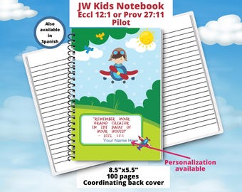 May include: A green and blue spiral bound notebook with a cartoon pilot flying a plane. The notebook has the text "Remember your grand creator in the days of your youth - Eccl 12:1" and a space for a name. The notebook is 8.5 inches by 5.5 inches and has 100 pages.