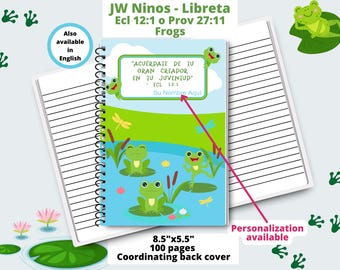 May include: A blue and green spiral bound notebook with a frog theme. The cover features a frog on a lily pad and the text "ACUERDATE DE TU GRAN CREADOR EN TU JUVENTUD" with the scripture reference "ECL 12:1". The notebook is 8.5 inches by 5.5 inches and has 100 pages. It also has a coordinating back cover.