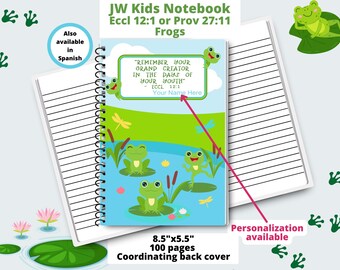 May include: A blue and green spiral bound notebook with a frog theme. The cover features a quote from Ecclesiastes 12:1, "Remember your Grand Creator in the days of your youth." The notebook is 8.5 inches by 5.5 inches and has 100 pages. It also has a coordinating back cover.
