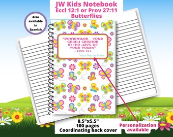 May include: A white spiral notebook with a pink and yellow butterfly design. The cover features the quote "Remember... your grand creator in the days of your youth" - Eccl 12:1. The notebook is 8.5 inches by 5.5 inches and has 100 pages. It has a coordinating back cover and is available for personalization.