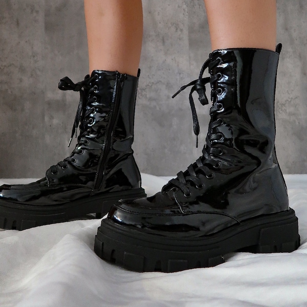 Combat Chunky Boots, Urban Black Lace Boots, Emo Goth Boots, Platform Boots, Womens Shoes