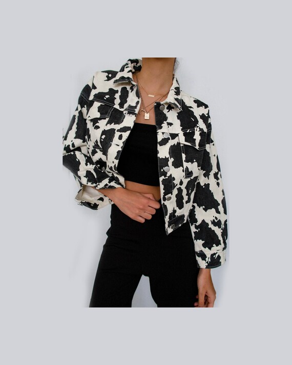 Cow Print Trucker Jacket, Denim, Jean Jacket, Anim