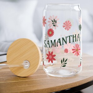 Personalized Ice Coffee Glass Tumbler Flower, Bridal Party Glass Tumbler With Straw And Lid, Custom Floral Coffee Tumbler For Bridesmaid 16