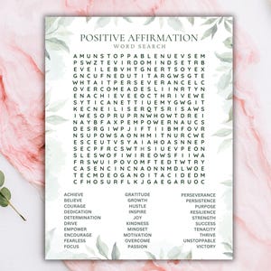 Positive Affirmation Wortsuche druckbare Puzzle für Erwachsene, Aktivität für psychische Gesundheit, Wortsuche suchen und finden Wellness-Spiele